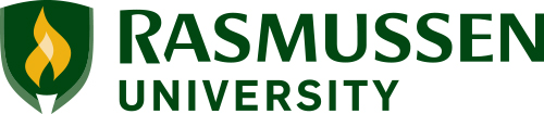 Rasmussen University logo. The university name is written in forest green to the left of a yellow flame.