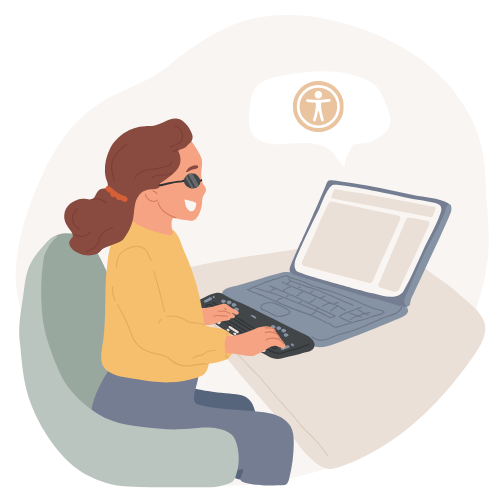 An illustrated woman uses an assistive keyboard to navigate a website with an accessibility symbol.