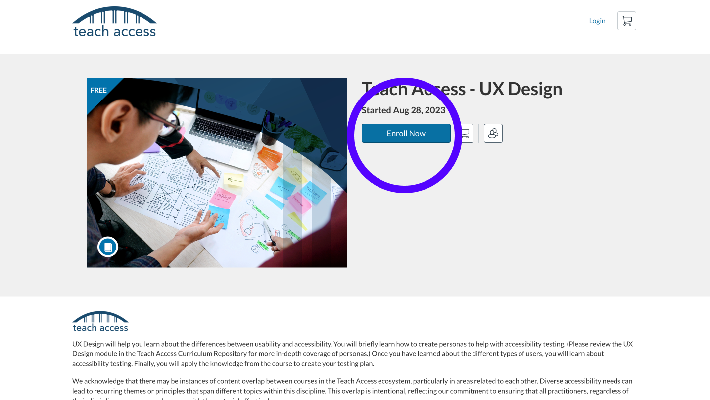 The Teach Access - UX Design Module with an enroll now button below the title.