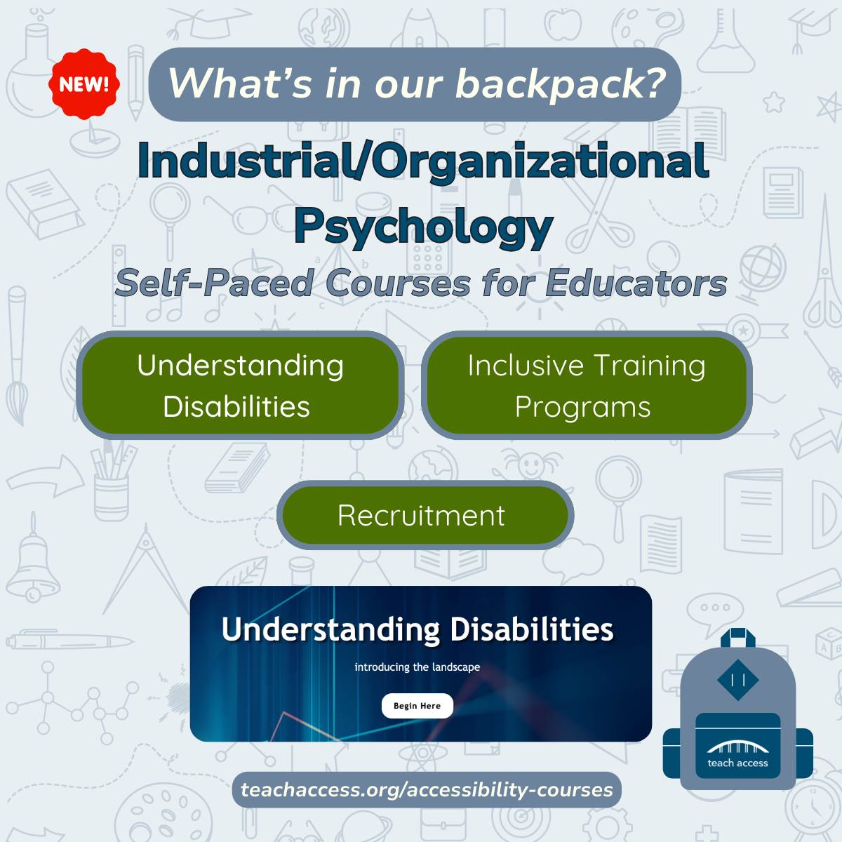 What’s in our backpack graphic, discussing the Industrial Psychology Self-Paced Course for Educators. The graphic features the resources of understanding disabilities, inclusive training programs, recruitment. An image of the “Understanding Disabilities” resource is featured.