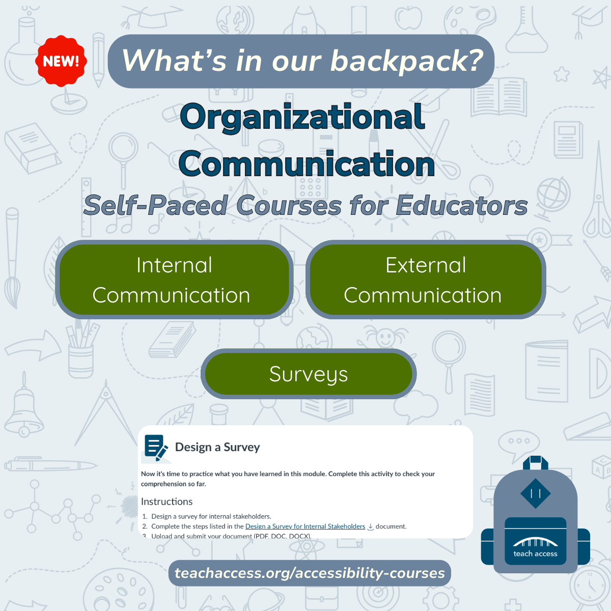 What’s in our backpack graphic, discussing the Organizational Communication Self-Paced Course for Educators. The graphic features the designing of a syllabus activity.