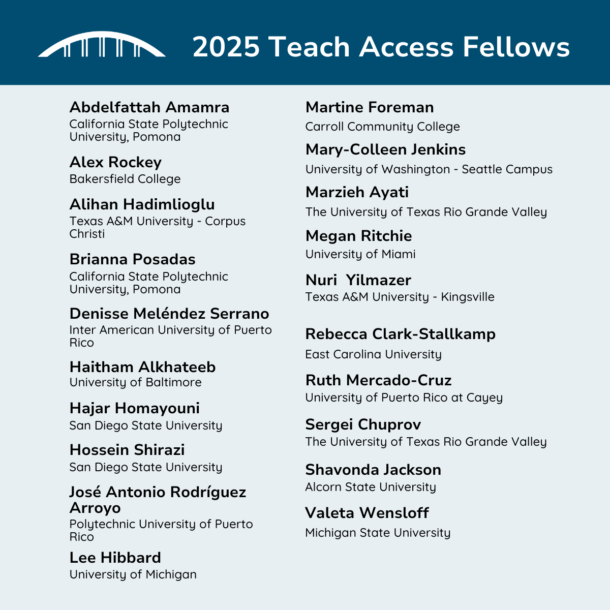 2025 Teach Access Fellows. Abdelfattah Amamra - California State Polytechnic University, Pomona, Alex Rockey - Bakersfield College, Alihan Hadimlioglu - Texas A&M University - Corpus, Christi BriannaPosadas - California State Polytechnic University, Pomona Denisse Meléndez Serrano - Inter American University of Puerto Rico, Haitham Alkhateeb - University of Baltimore, Hajar Homayouni - San Diego State University, Hossein Shirazi - San Diego State University, José Antonio Rodríguez Arroyo - Polytechnic University of Puerto Rico, Lee Hibbard - University of Michigan, Martine Foreman - Carroll Community College, Mary-Colleen Jenkins - University of Washington - Seattle Campus, Marzieh Ayati - The University of Texas Rio Grande Valley, Megan Ritchie - University of Miami, Nuri Yilmazer - Texas A&M University - Kingsville, Rebecca Clark-Stallkamp - East Carolina University, Ruth Mercado-Cruz - University of Puerto Rico at Cayey, Sergei Chuprov - The University of Texas Rio Grande Valley, Shavonda Jackson - Alcorn State University, and Valeta Wensloff - Michigan State University