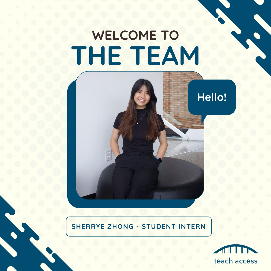 Welcome to the team! Sherrye Zhong, Teach Access Intern. Sherrye has long black hair with brown highlights. She is smiling at the camera and is wearing an all-black outfit.